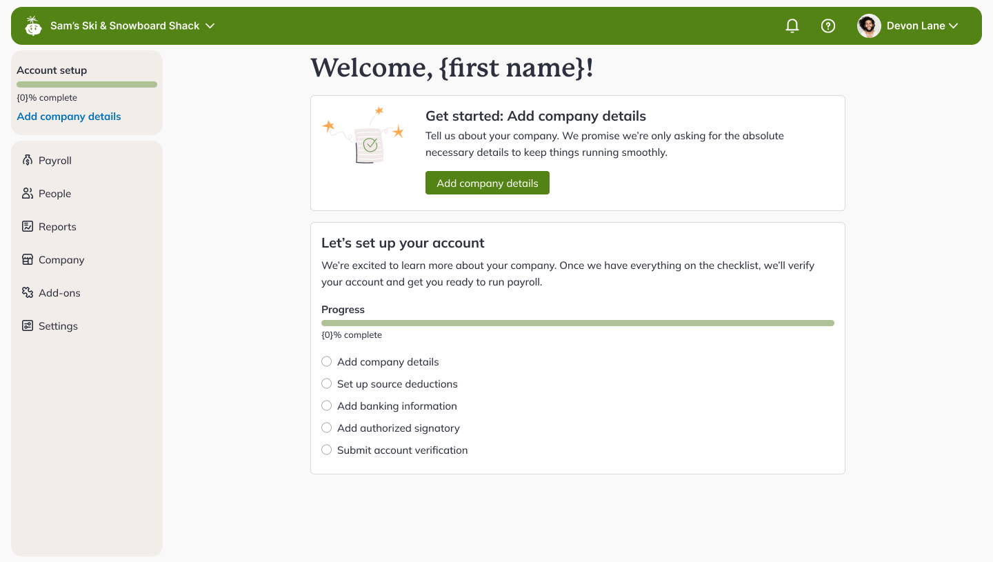 image of wagepoint's account setup page