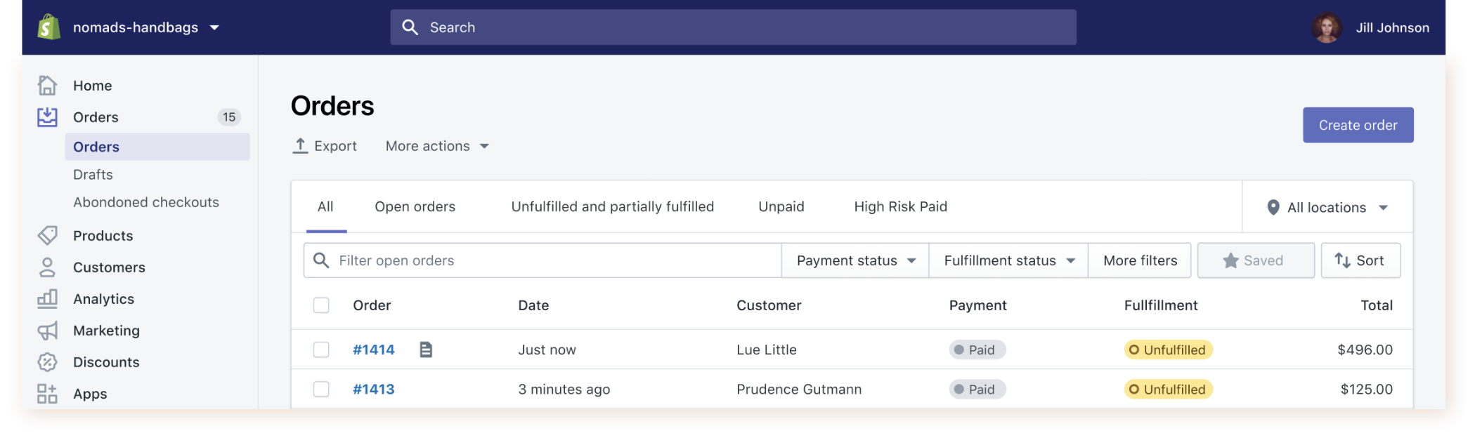 shopify orders list circa 2022